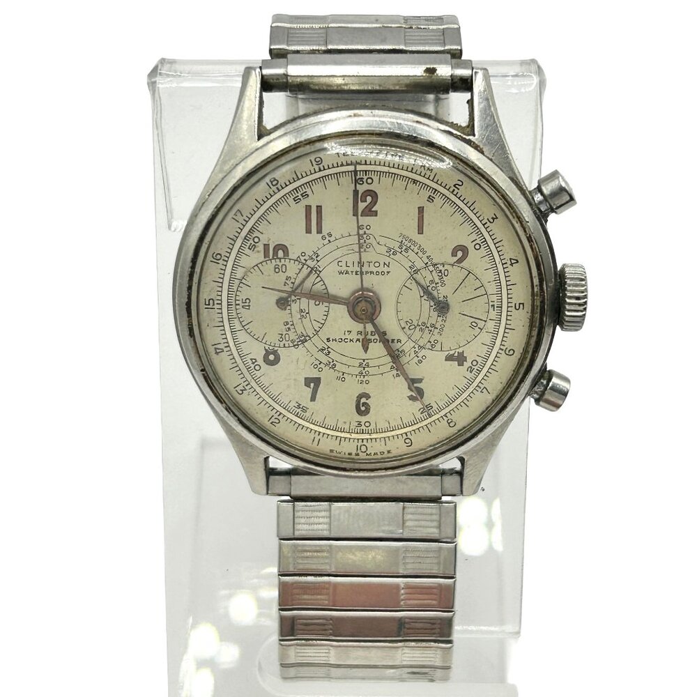 Vintage Clinton Chronograph Watch 17 Rubies Stainless Steel Speidel Stretch Band